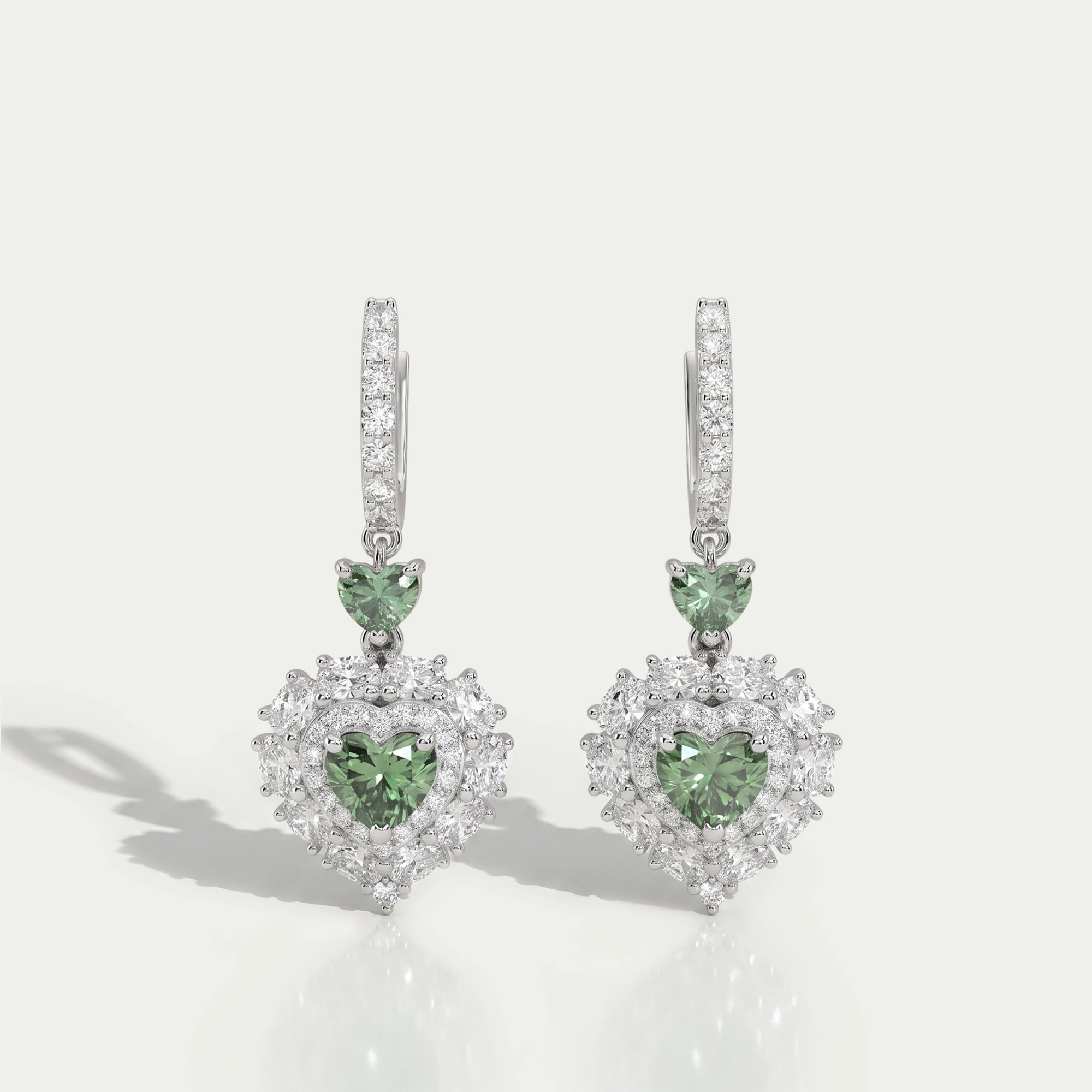 Green Heart Diamond Halo Set Dangle Earring