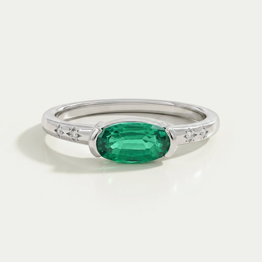 Green East West Oval Gemstone Accent Engagement Ring Ring