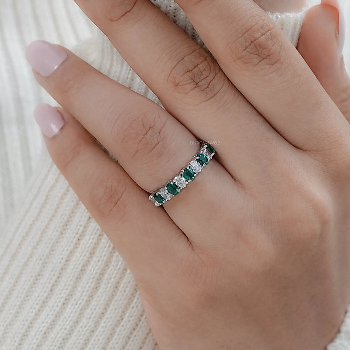 Green Oval Gemstone Half Eternity Wedding Band