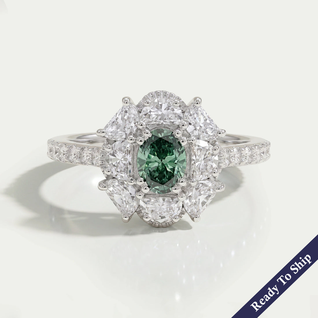 Green Oval Cut Half Moon Halo Engagement Ring Rings