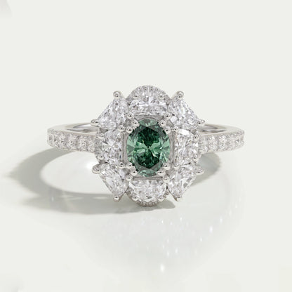 Oval Cut Green Half Moon Halo Engagement Ring
