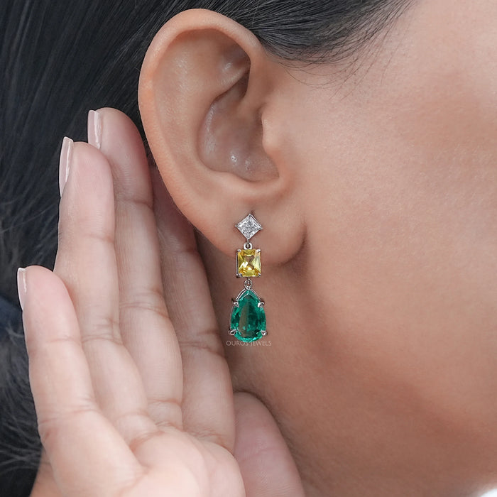 Green Pear And Yellow Radiant Diamond Drop Earrings