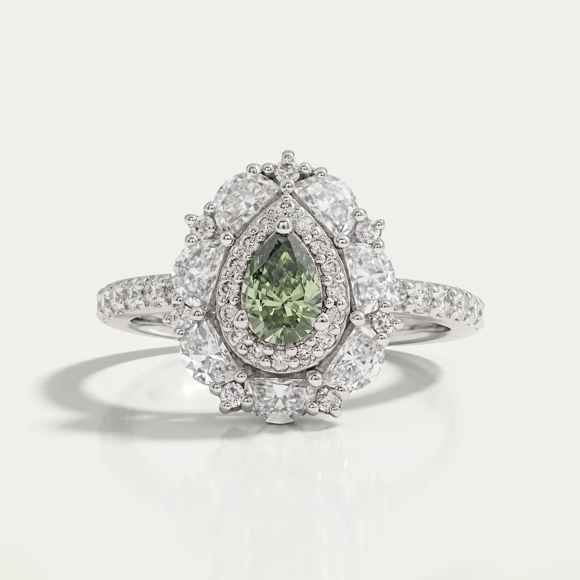 Green Pear Cut Surround Double Halo Diamond Engagement Ring