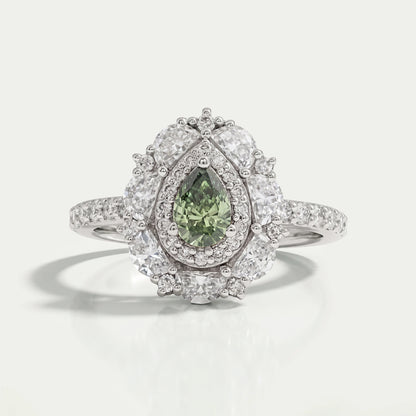 Green Pear Cut Surround Double Halo Diamond Engagement Ring
