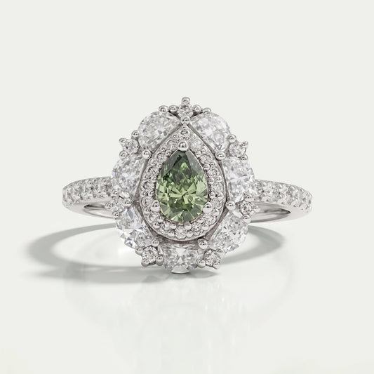 Green Pear Cut Surround Double Halo Diamond Engagement Ring
