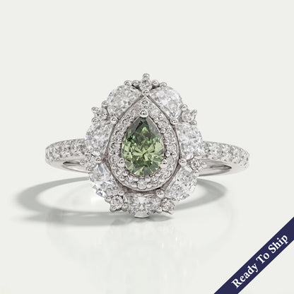 Green Pear Diamond Double Halo Engagement Ring Rings