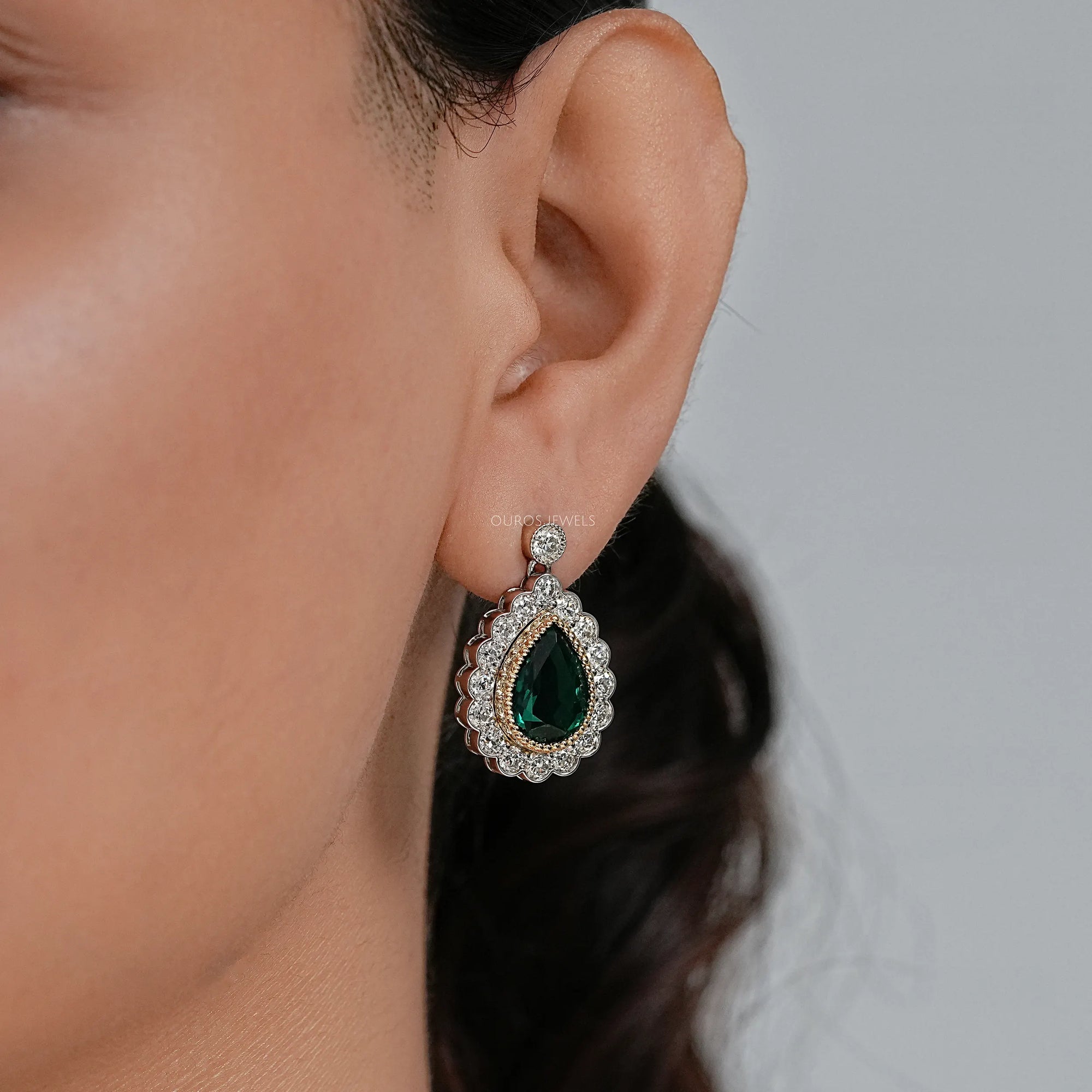 Green Pear Gemstone And Lab Diamond Halo Drop Earrings Earrings