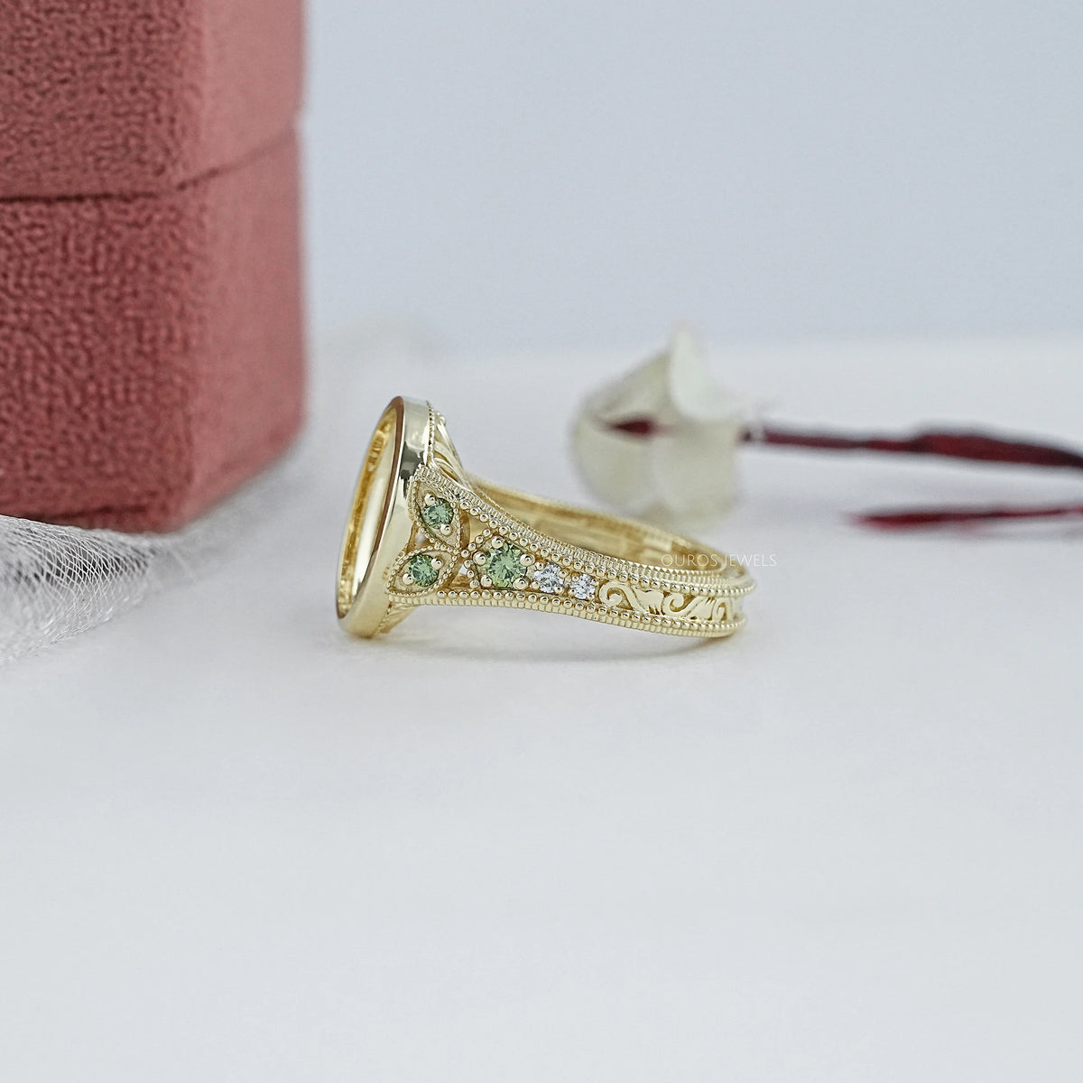 Oval Shape Accent Diamond Milgrain Set Semi-Mount Ring Ring