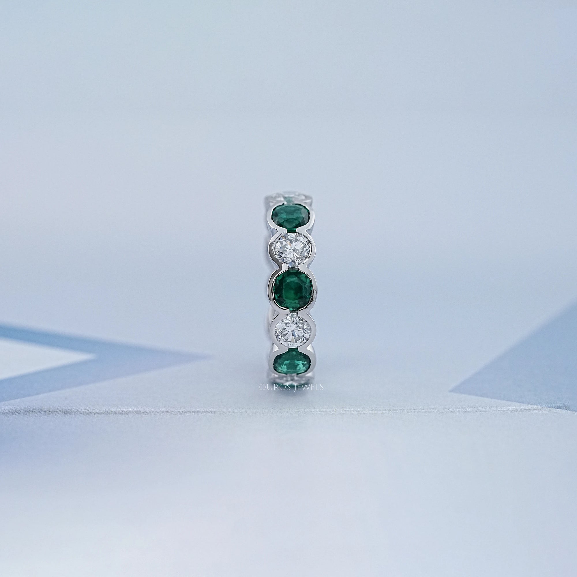 Green Zambian Cushion Half Bezel Wedding Band Ring