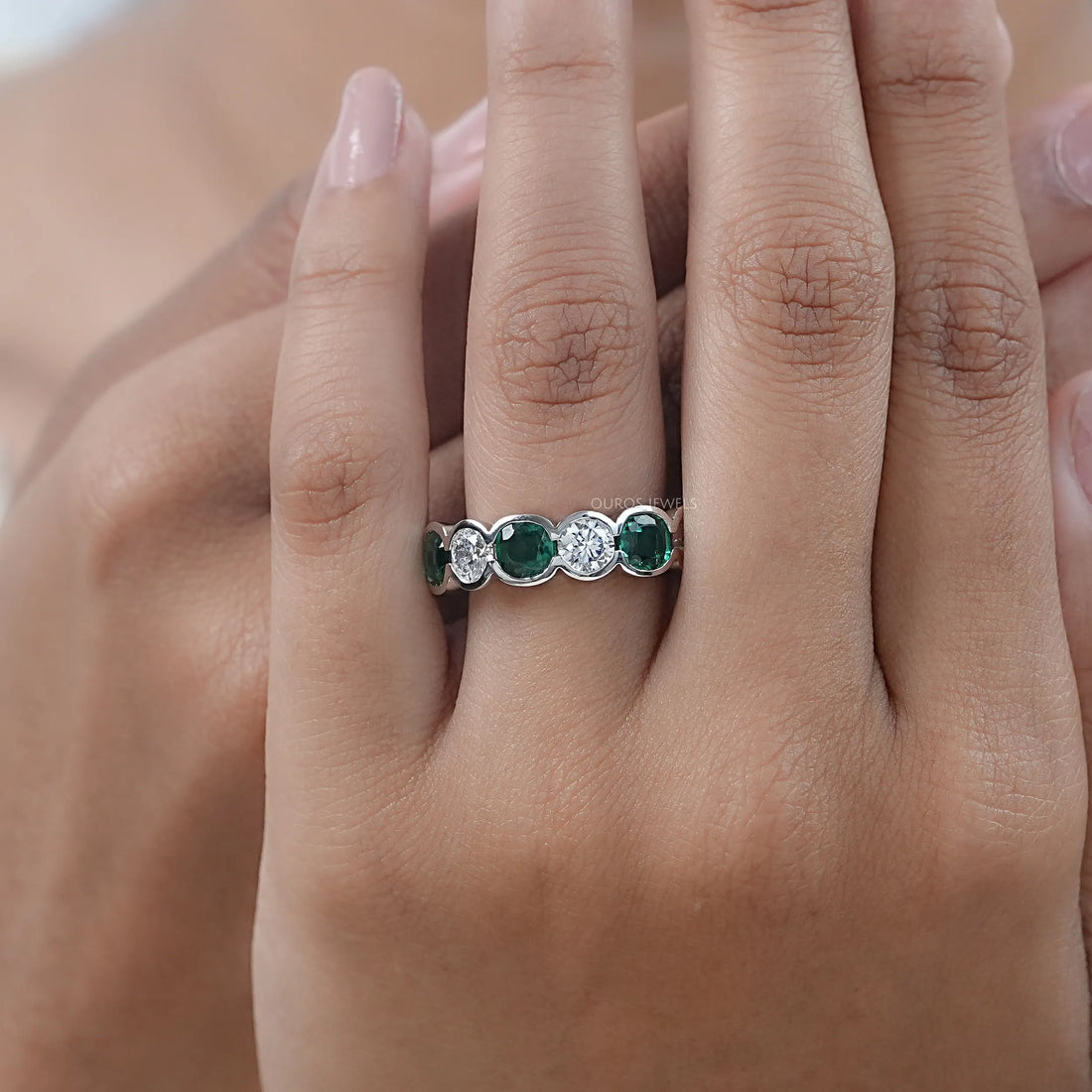 Green Zambian Cushion Half Bezel Wedding Band Ring