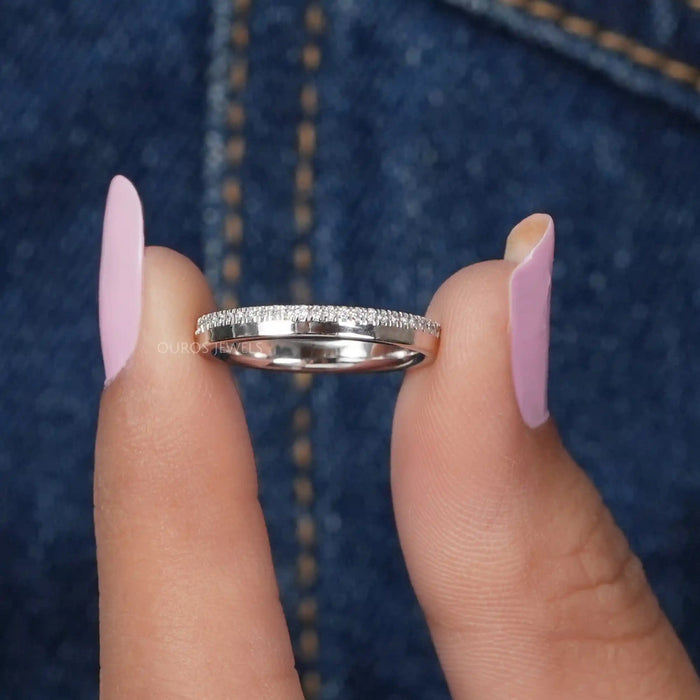 close view matte finish round lab diamond half eternity wedding ring white gold