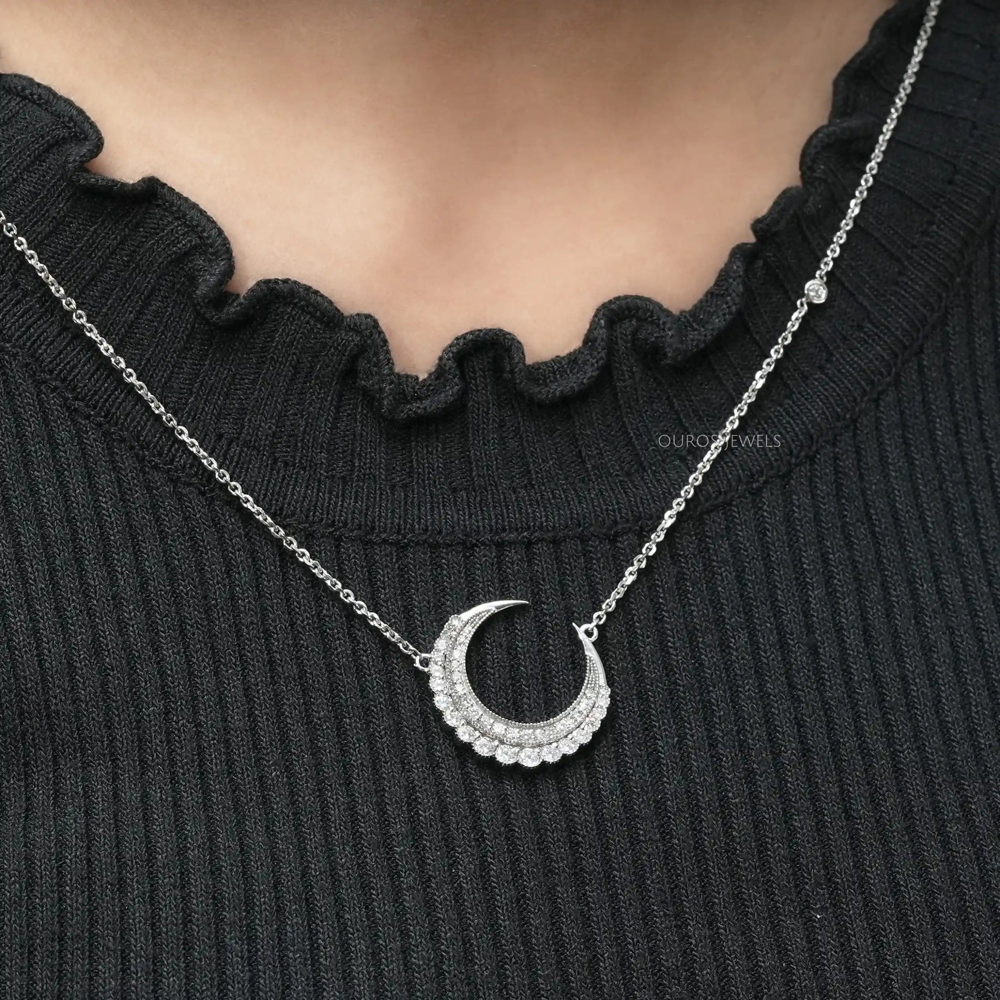 Round Cut Lab Diamond Crescent Moon Pendant Necklaces