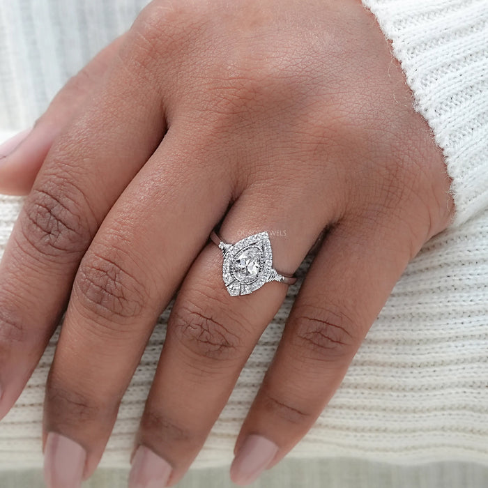 Old Mine Pear Cut  And Single Round Halo Engagement Ring