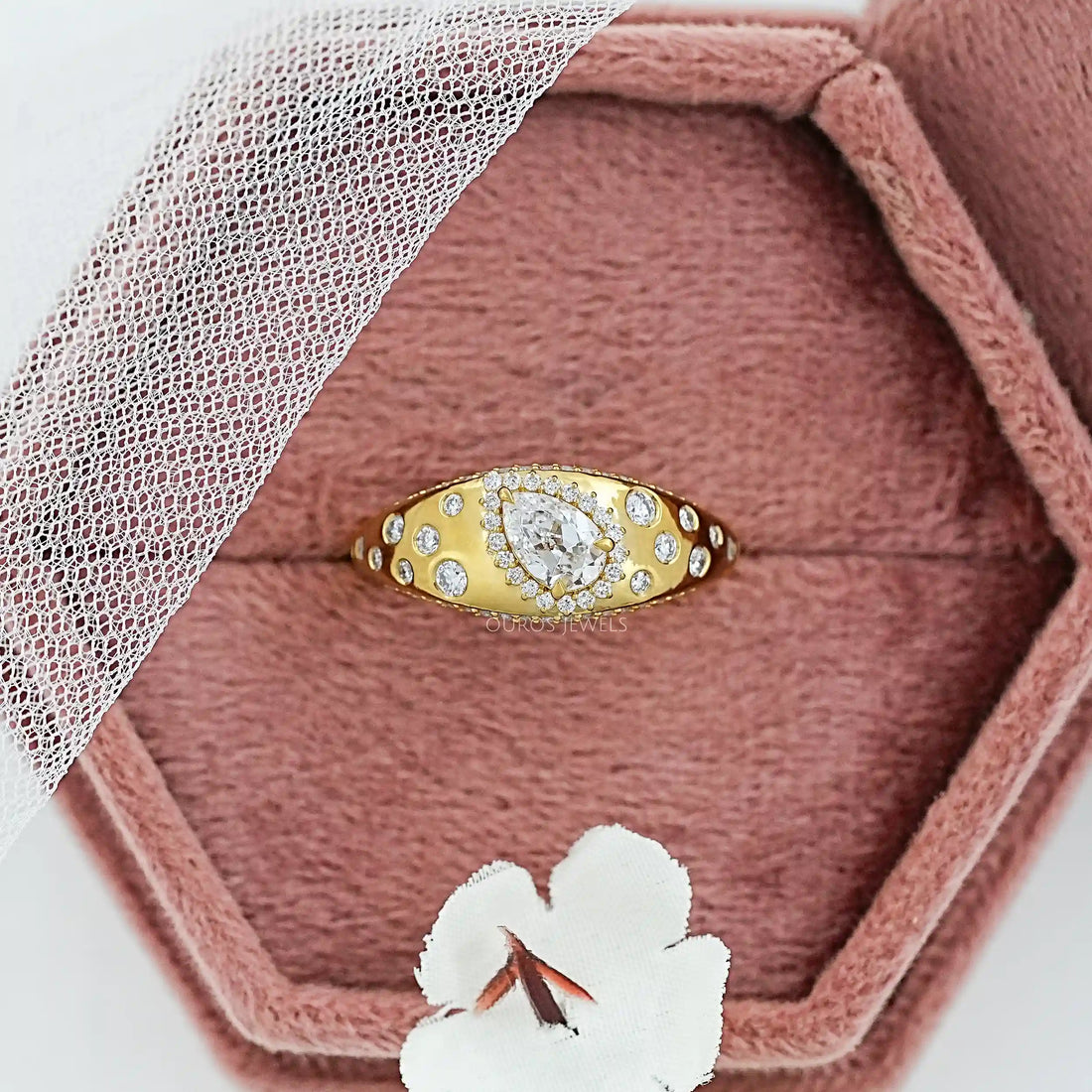 Old Mine Pear Diamond Halo Wide Flush Set Ring Ring