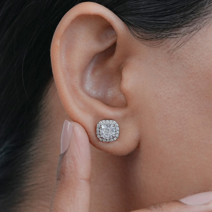 Cushion Diamond Halo Stud  Earrings