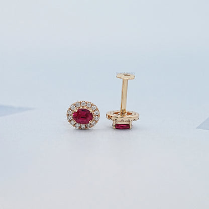 Ruby Oval Gemstone Halo Set Stud Earring Earring