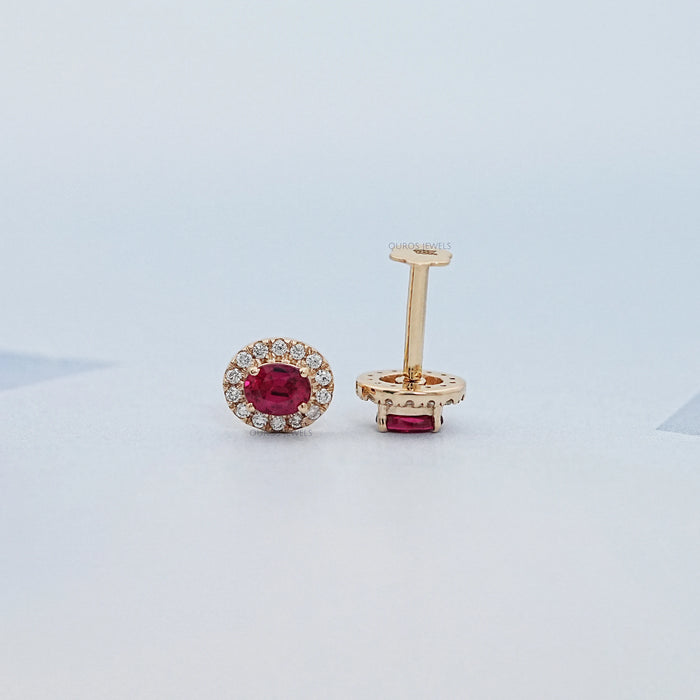 Ruby Oval Gemstone Halo Set Stud Earring