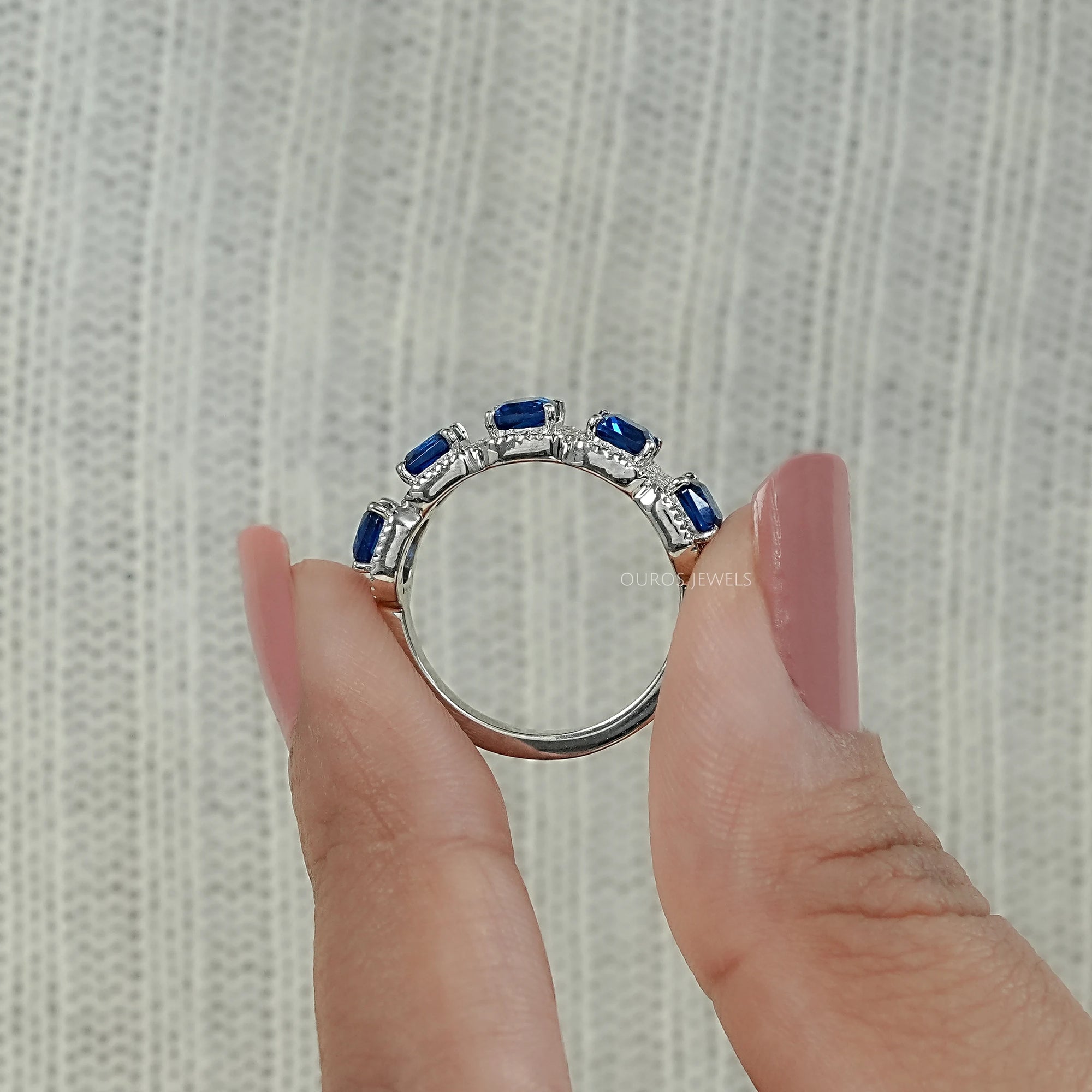 Five Stone Blue Asscher Cut Gemstone Halo Diamond Ring Rings