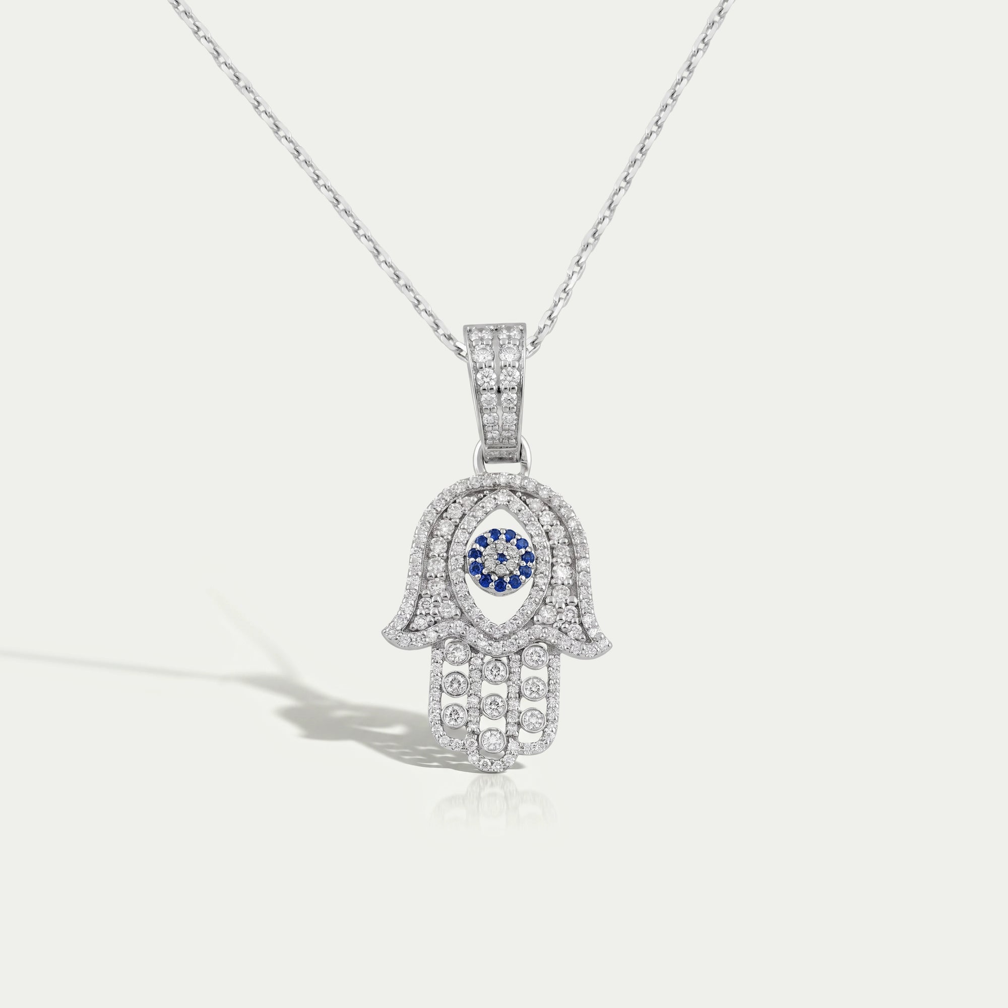 Sapphire And Lab Diamond Round Cut Hamsa Hand Men's Pendant Necklaces
