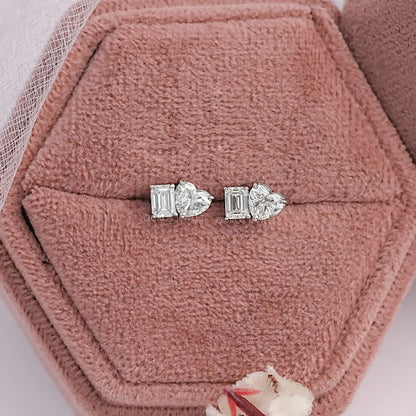 Heart And Emerald Diamond Minimal Two Stone Studs Earrings