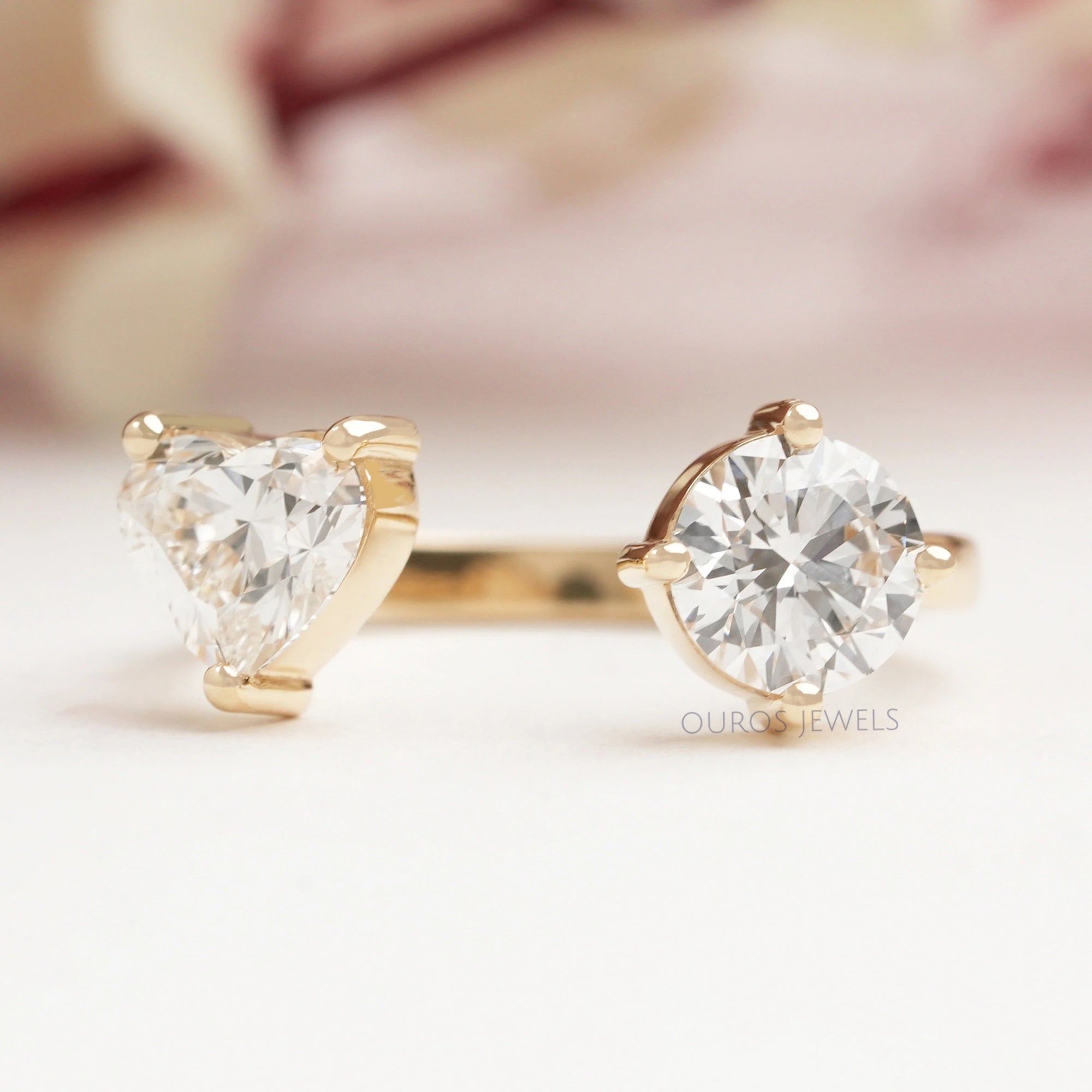 Heart And Round Cut Lab Grown Diamond Open Cuff Ring