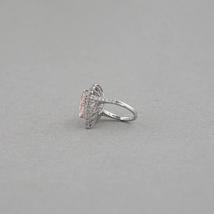 side view of pink heart cut lab diamond double halo engagement ring