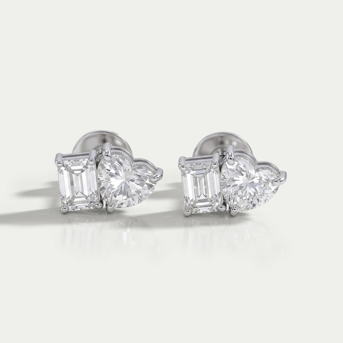 Heart And Emerald Diamond Minimal Two Stone Studs Earrings