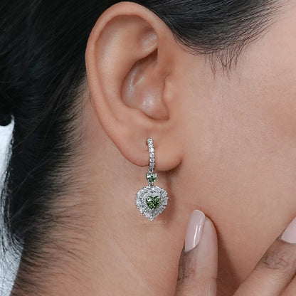 Green Heart Diamond Halo Set Dangle Earring