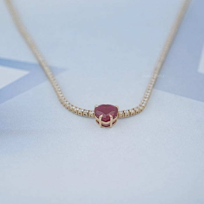 Ruby Heart And Round Diamond Tennis Necklace