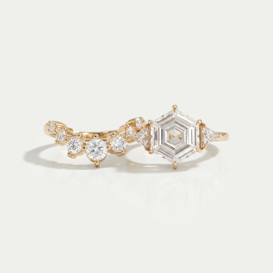 Antique Hexagon Cut Three Stone Curved Bridal Ring Set Rings