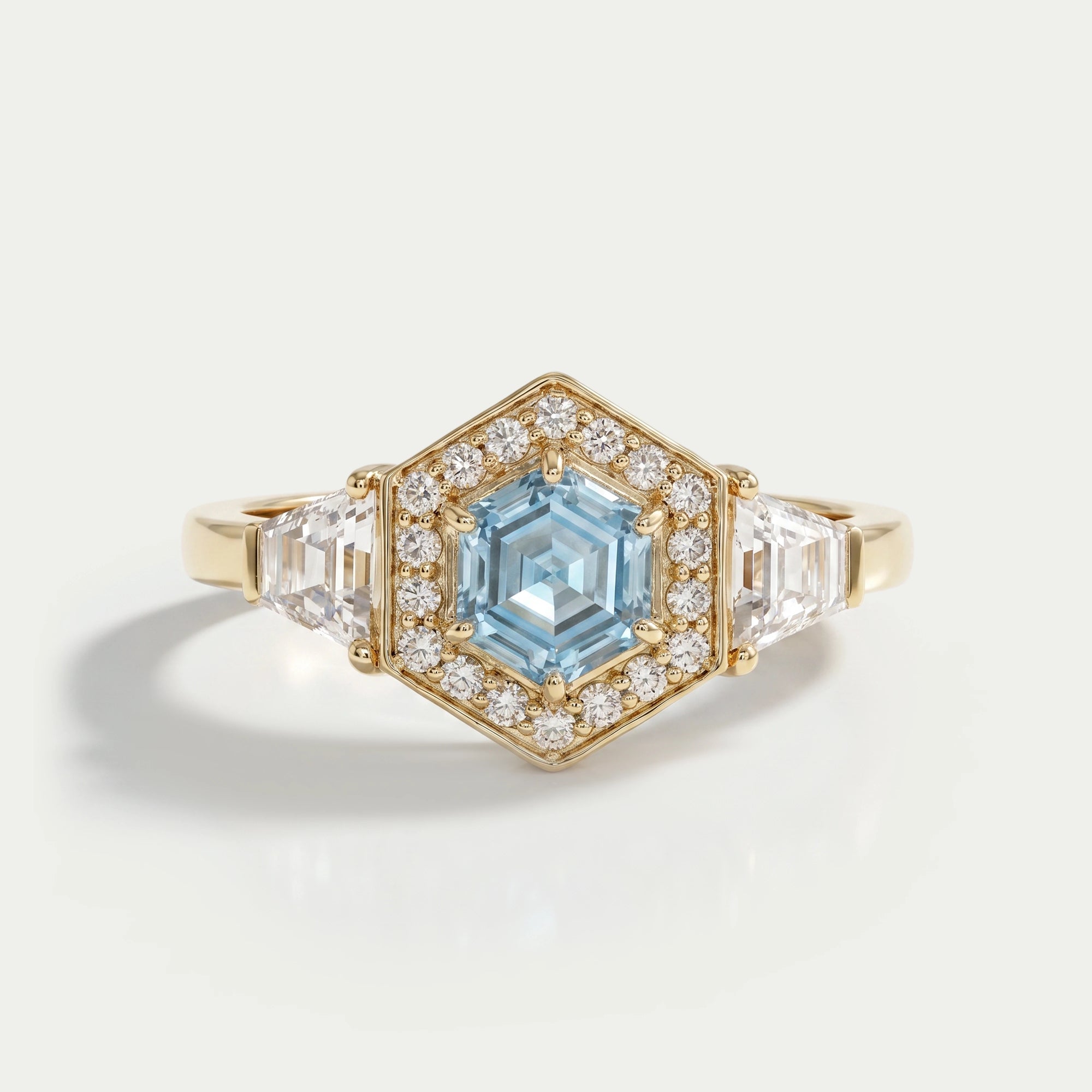 3 Stone Blue Hexagon Cut Halo Diamond Engagement Ring Ring