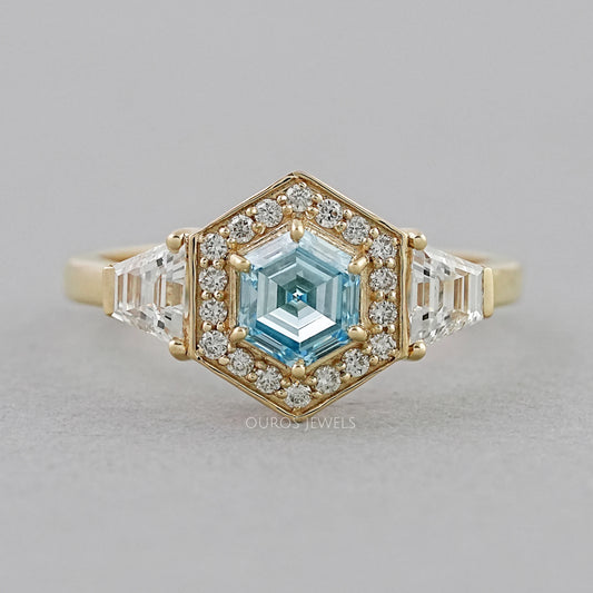 3 Stone Blue Hexagon Cut Halo Diamond Engagement Ring Ring