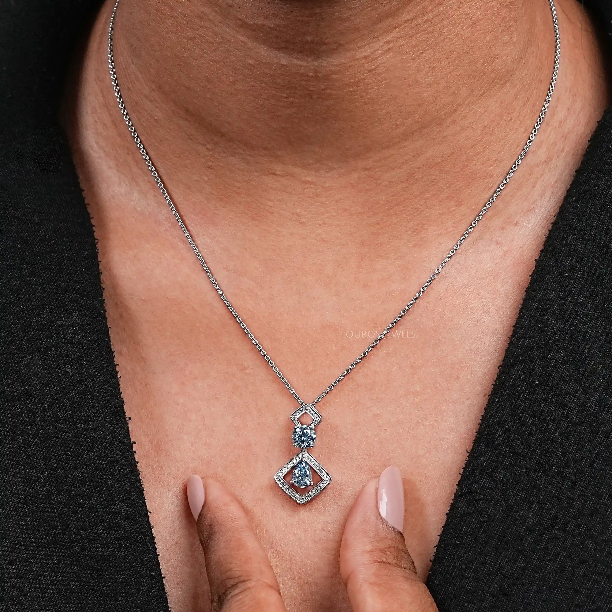 Blue Pear Diamond Halo Floating Pendant Necklaces