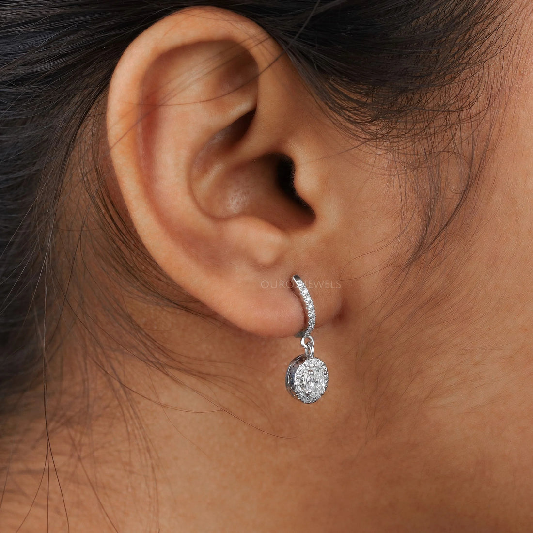 Oval Shape Lab Grown Diamond Halo Drop Earrings