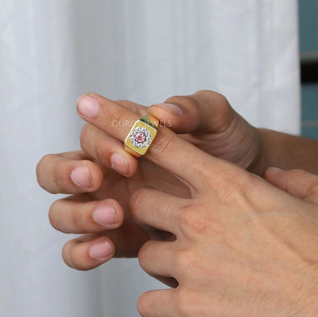 Pink Round Cut Diamond Halo Men's Ring
