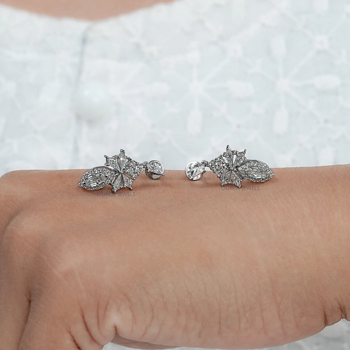 Step Cut Oval Diamond Cluster Dangle Drop Earrings