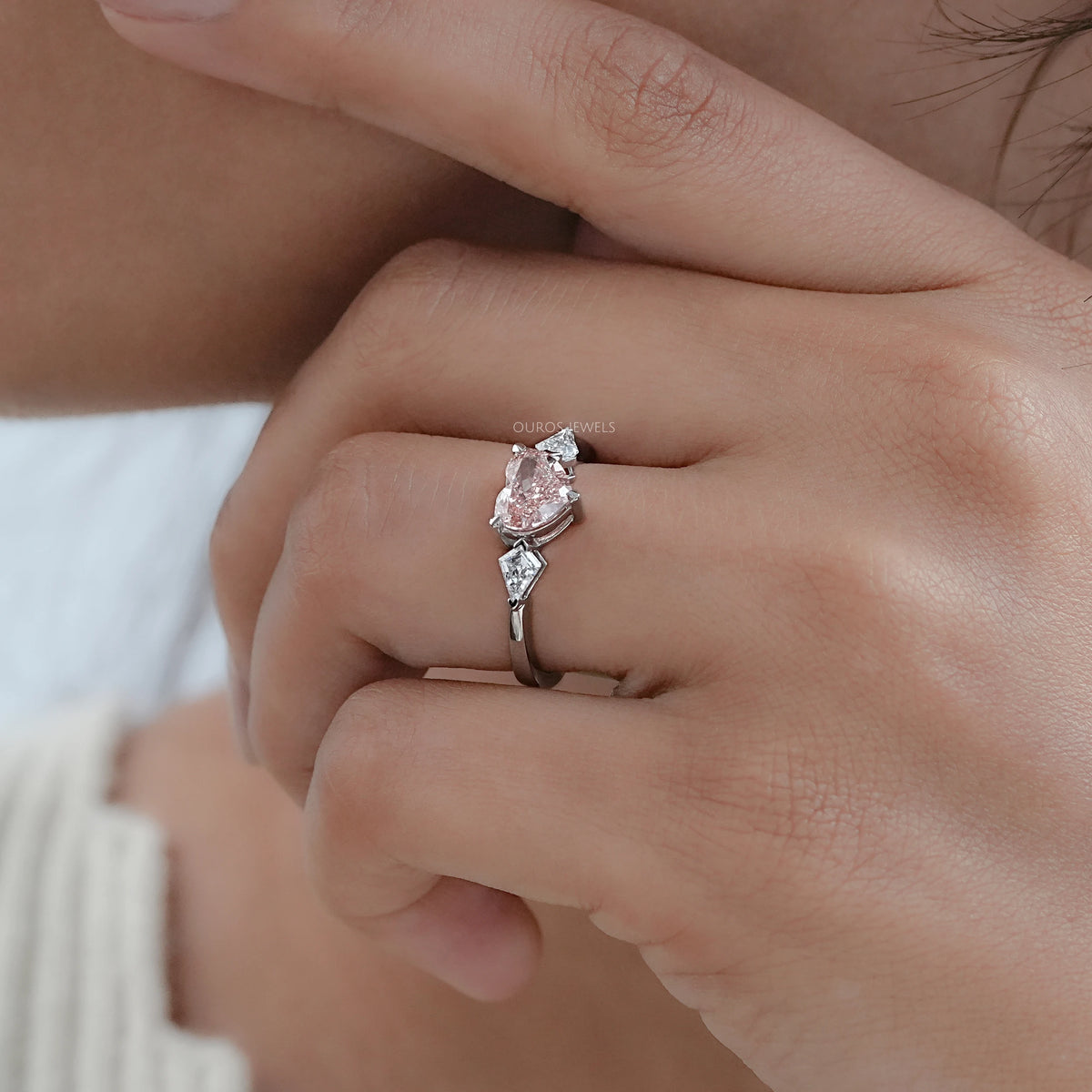 3 Stone Pink Heart Cut Diamond Engagement Ring Ring