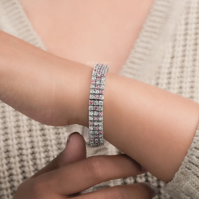 Fancy Pink Round Cut Three Row Lab Diamond Bracelet