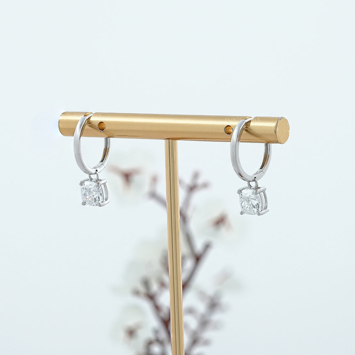 Square Old Mine Cushion Diamond Dangle Hoop Earrings Earrings