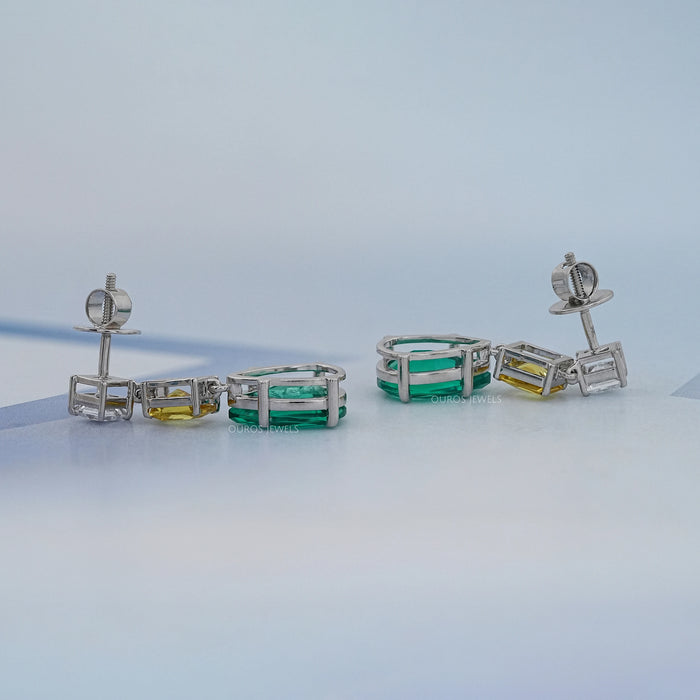Green Pear And Yellow Radiant Diamond Drop Earrings