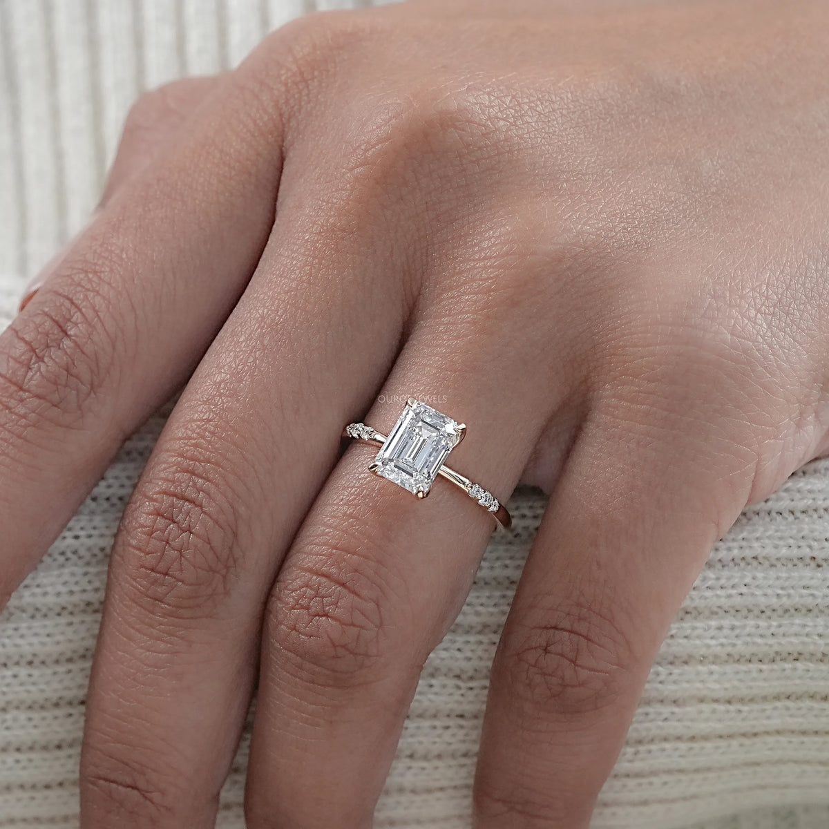 Emerald Cut Lab Grown Diamond Solitaire Accent Ring Ring