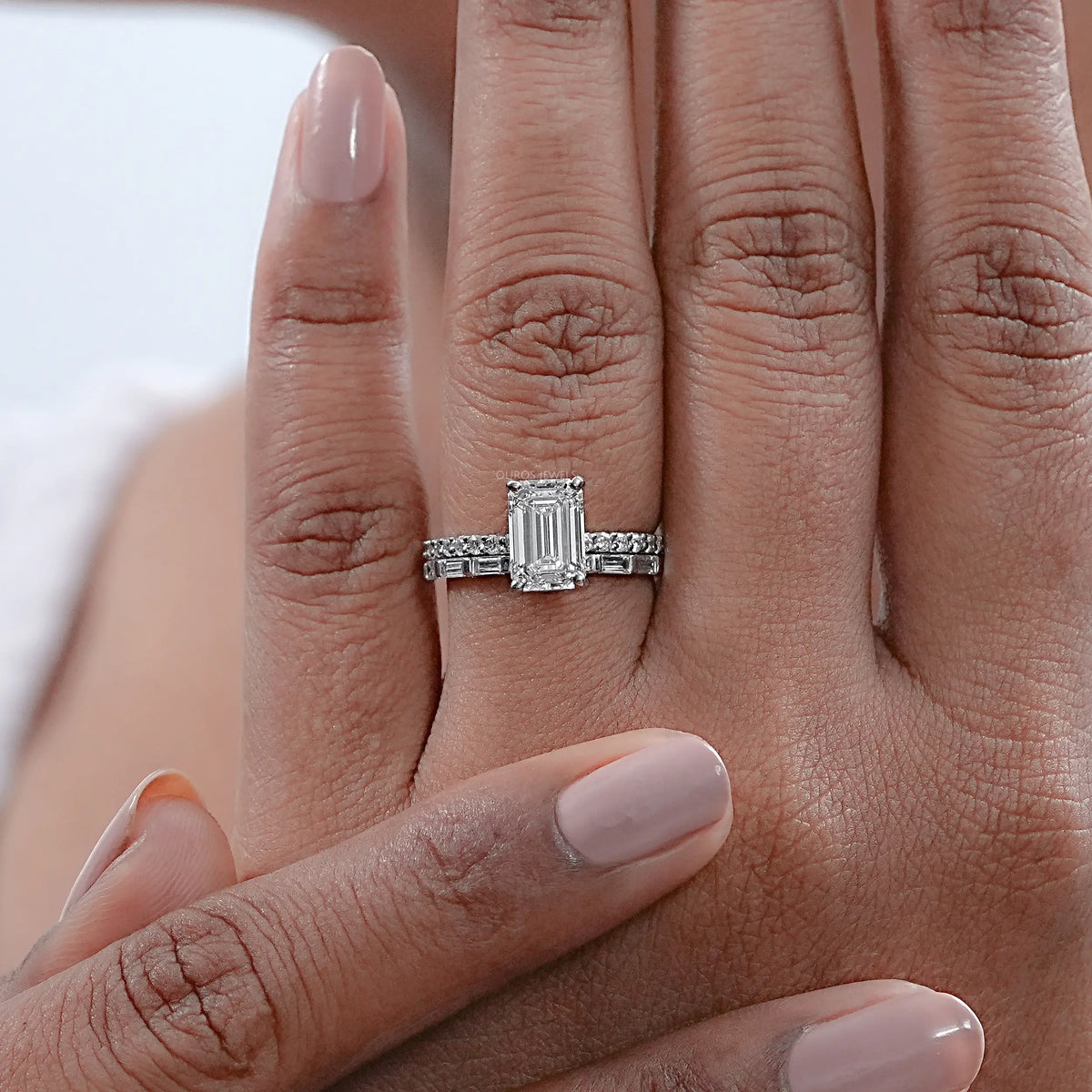 Emerald Lab Diamond Solitaire Accent Wedding Ring Set Rings