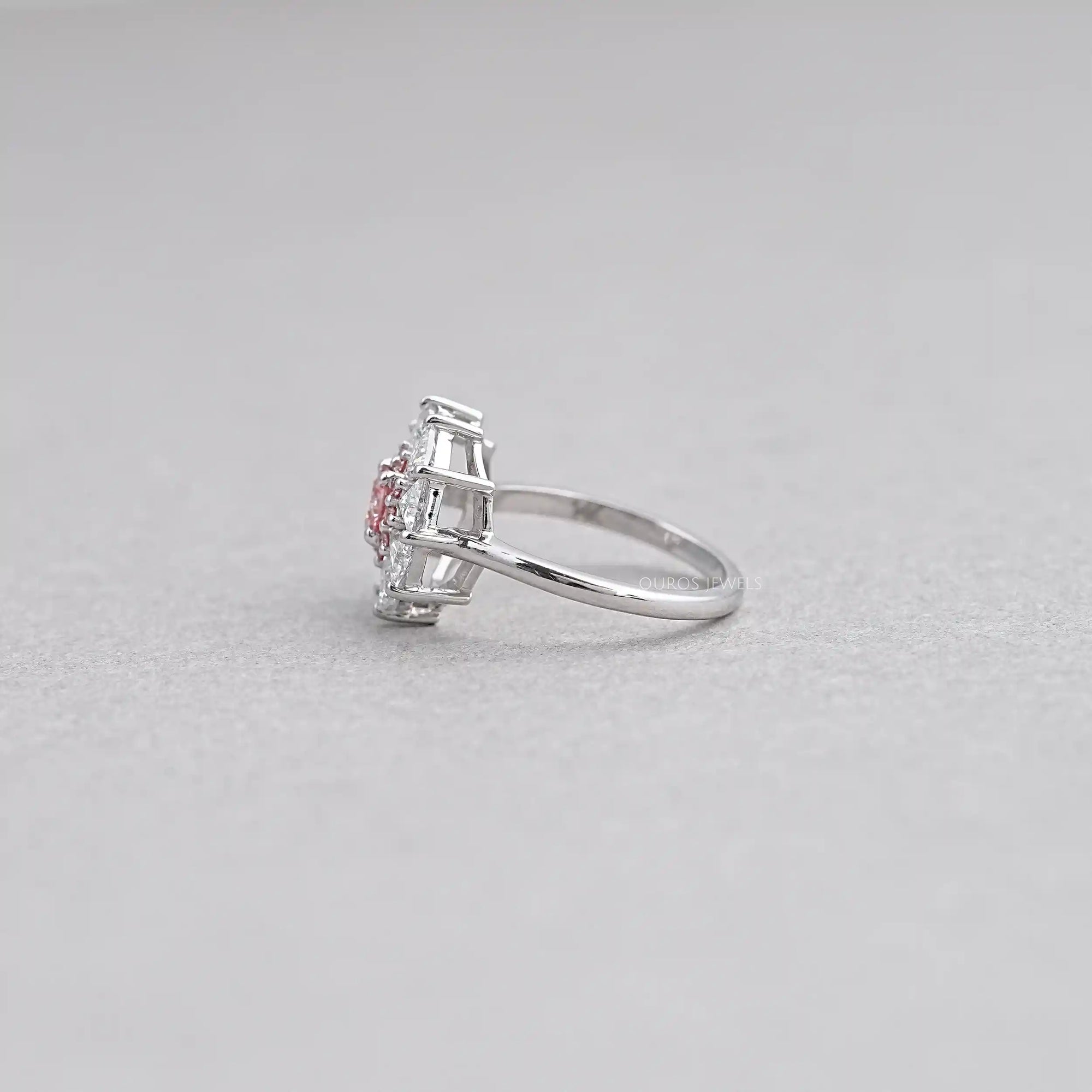 Pink Round Cut Halo Triangle Engagement Ring Rings