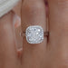 front view of cushion cut lab diamond halo engagement ring