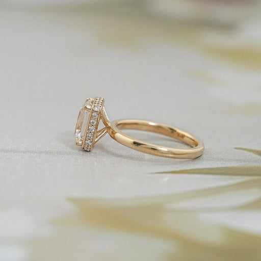 old mine cushion cut diamond hidden halo engagement ring side view