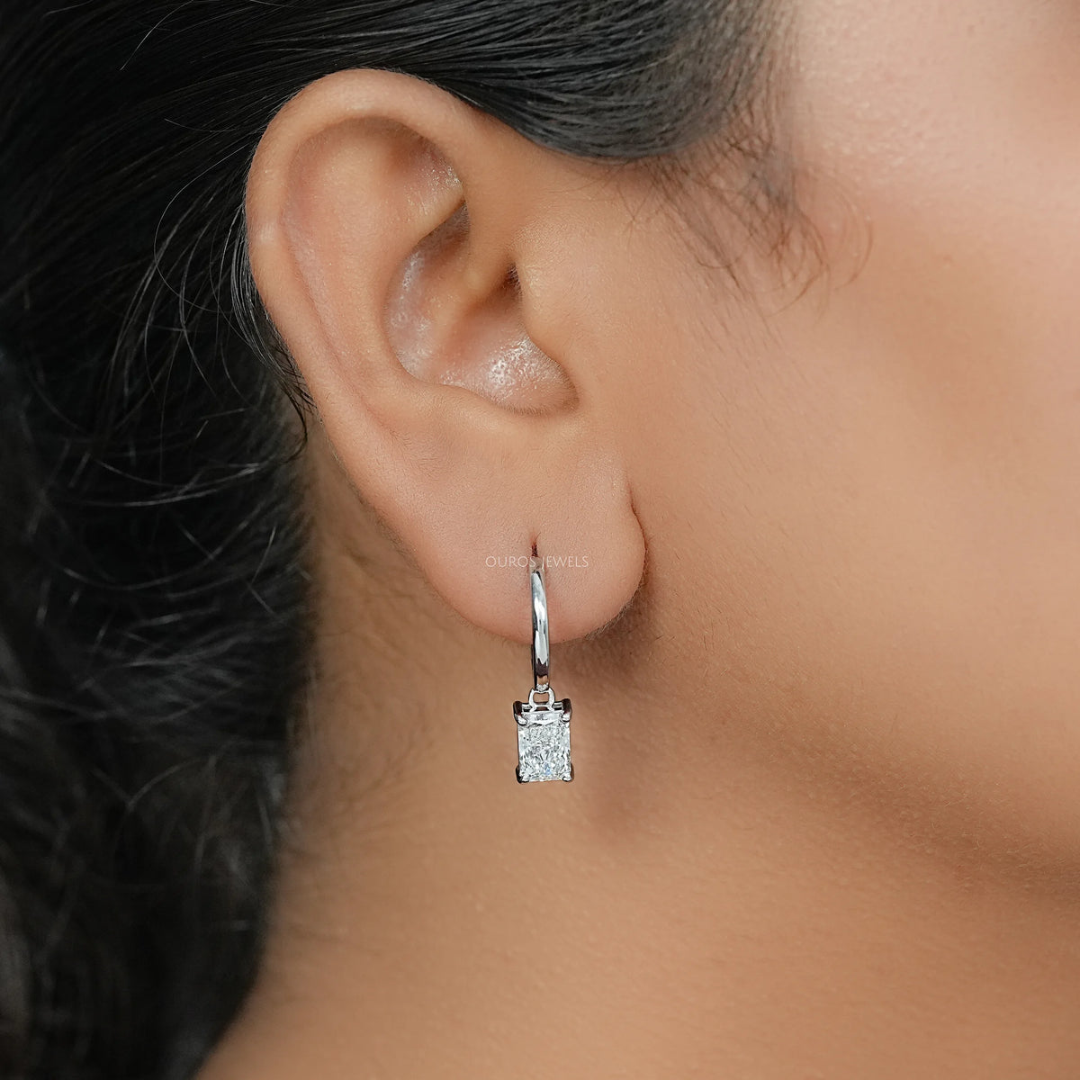Radiant Cut Lab Diamond Dangle Hoop Earrings Earrings