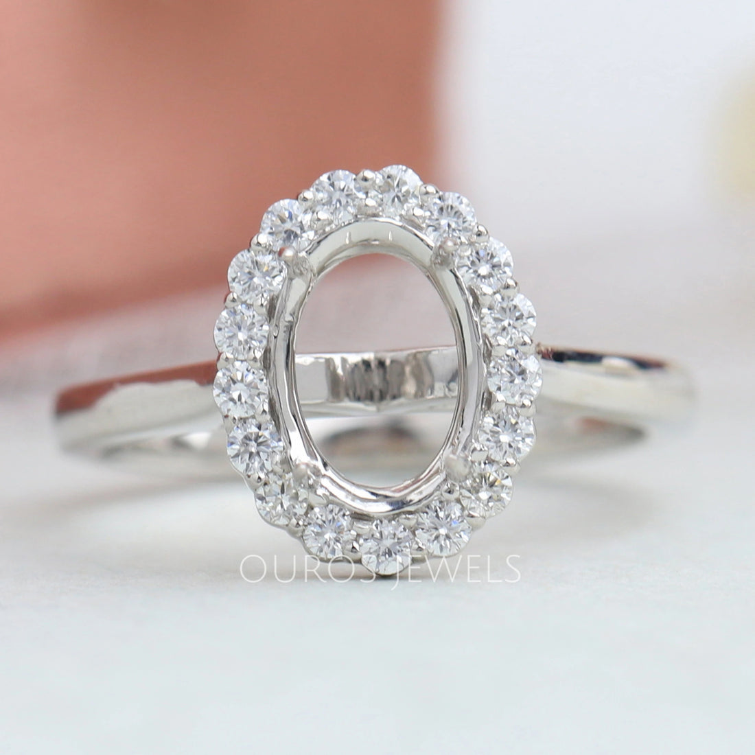 Oval Shape Halo Semi Mount Engagement Ring Ring