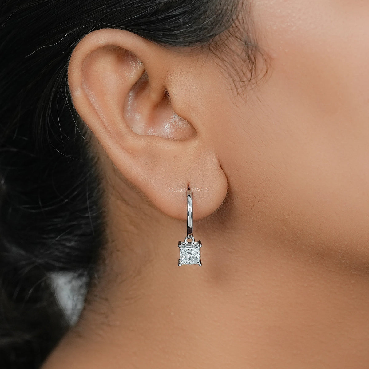 Lab Diamond Princess Cut Dangle Hoop Earrings Earrings