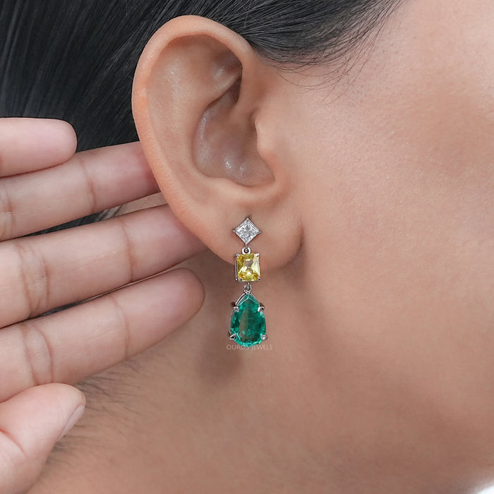 Green Pear And Yellow Radiant Diamond Drop Earrings