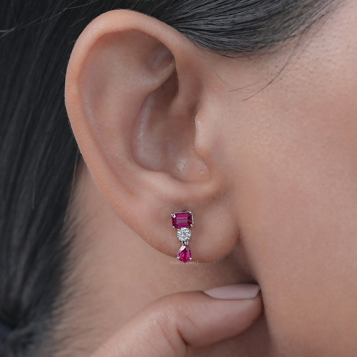 Ruby Emerald And Pear Gemstone Drop Earrings Earrings